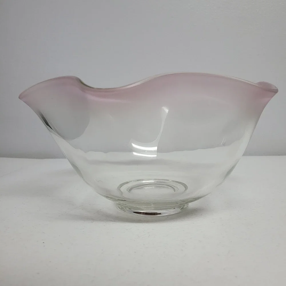 Vintage Hand Blown Clear Glass Ruffle Bowl with Pink Rim Edge 10 Inch